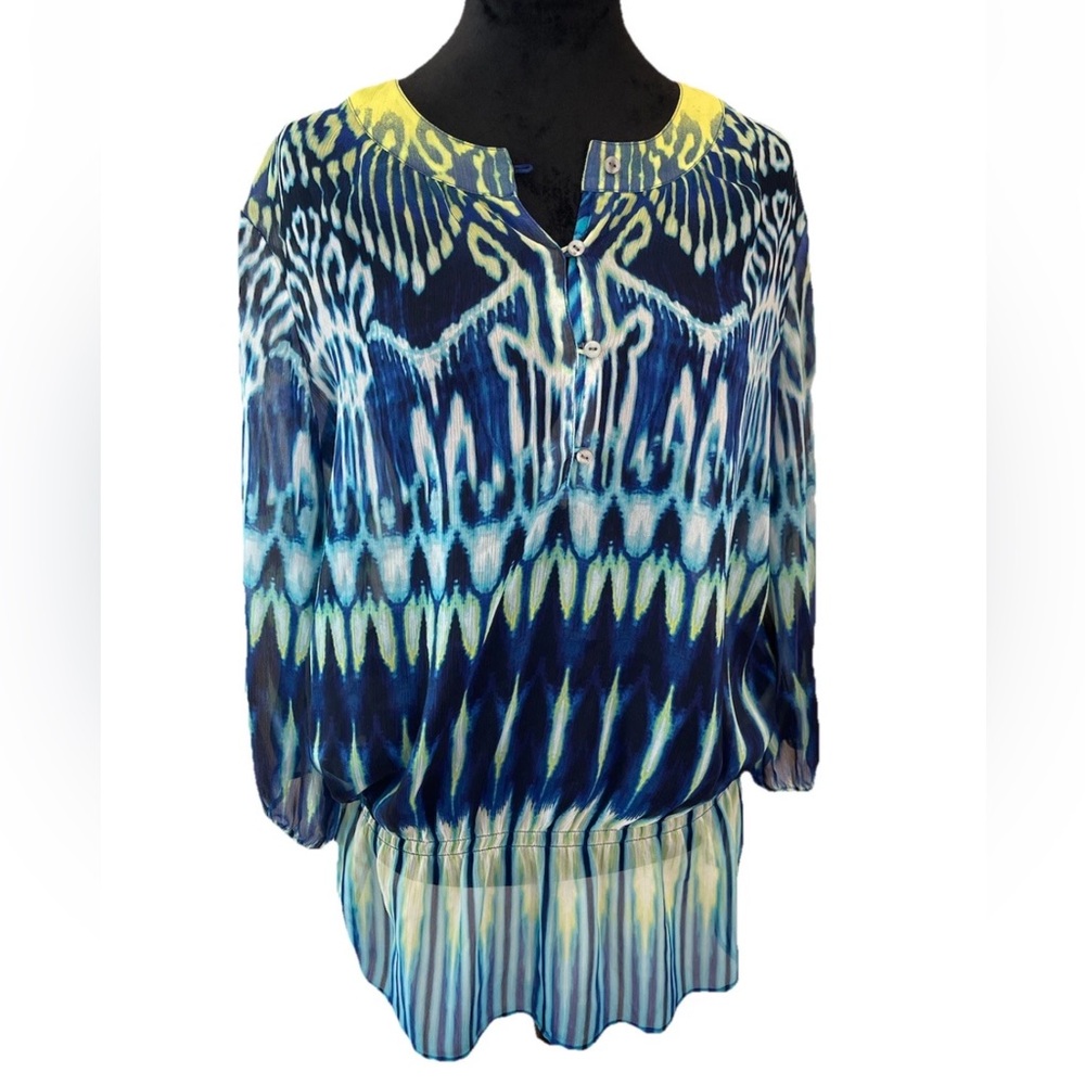 Chico’s 2 ladies size 12‎ blue green tribal print sheer blouse elastic hips EUC